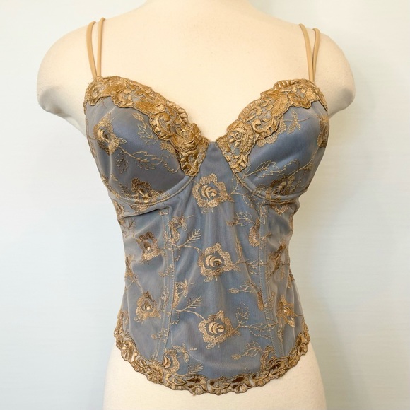 90s Victoria’s Secret Gold Embroidered Blue Gray Vintage Corset Bustier Top 36C🔥 - Picture 5 of 11